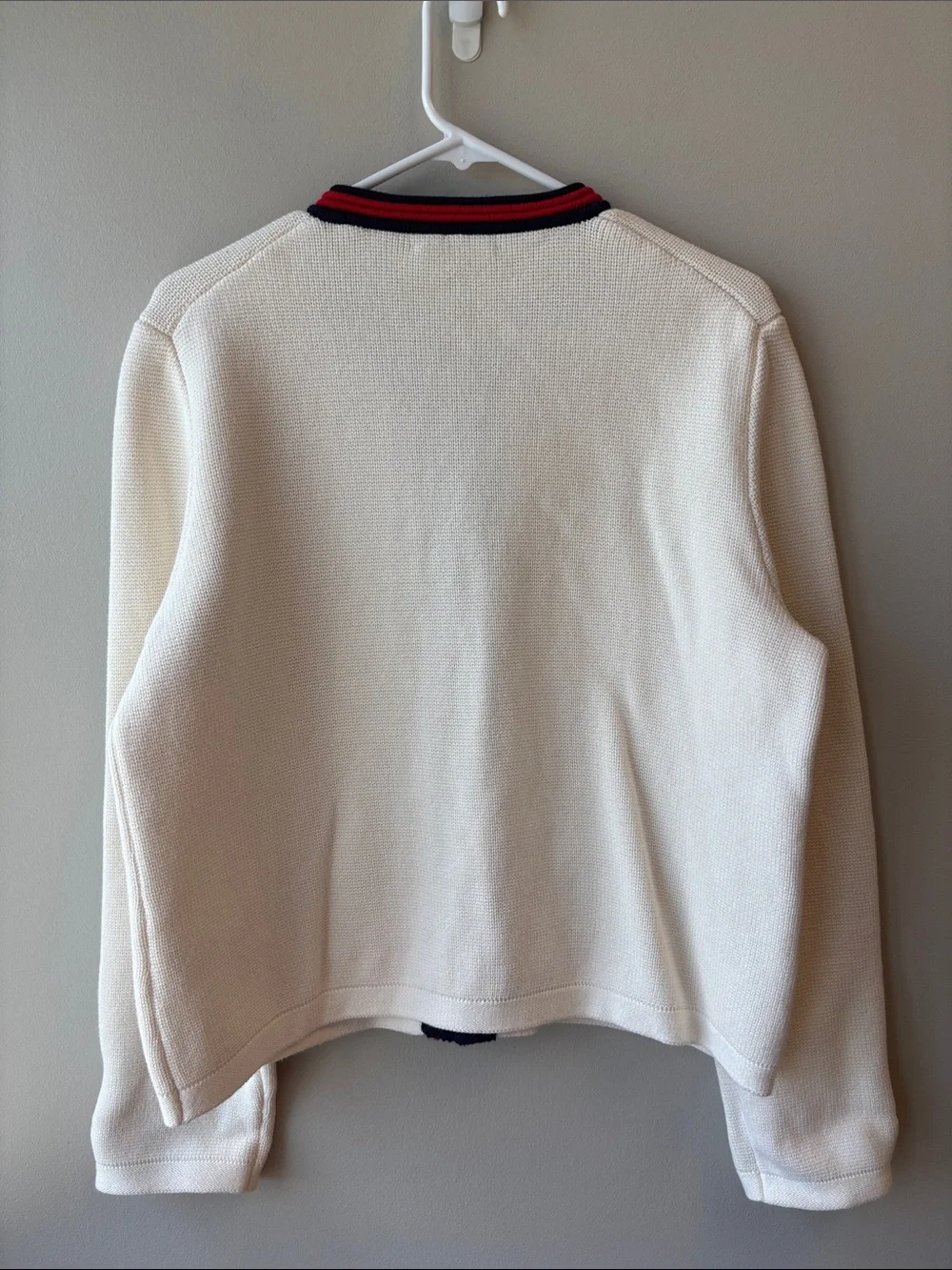 J. Crew Cream Knit Cardigan with Navy & Red Trim - Picture 4 of 5